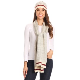 Sakkas 1756 - Theo Unisex Warm Winter Heather and stripes Knit Hat & Scarf Set - Heather cream - OS