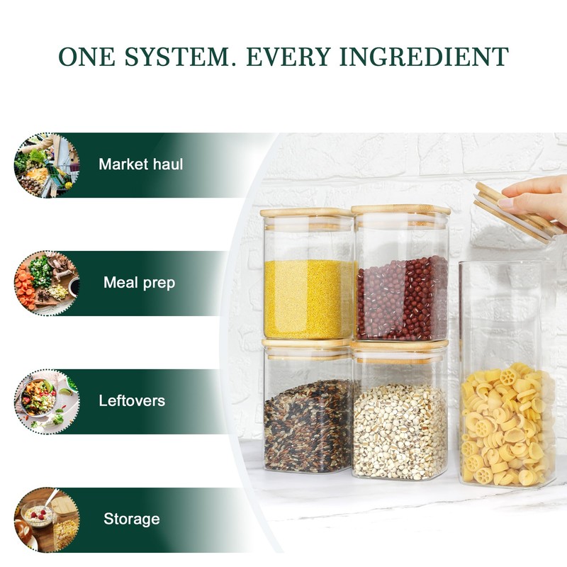 LIBWYS 12-Pack Square Glass Storage Jars with Bamboo Lids (0.6Qt/1.06Qt)