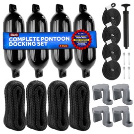 Five Oceans Boat Fenders Complete Set - Includes 4-Pack 6.5 x 23-Inch, Black - Boat Bumpers Clips, Dock Lines 3/8" x 15' - 4 Ropes Lines 3/8-Inch x 5-Ft - Inflator Pump and 4 Needles - FO4540-C1