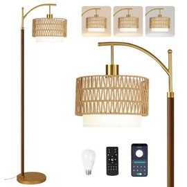 Arc Gold Floor Lamp for Living Room with Remote,Farmhouse Boho Floor Lamps with 3 Color Temperature,Rustic Standing Lamp with Hand-woven Rattan Wicker Shade,Adjustable Tall Lamp for Bedroom,Corner