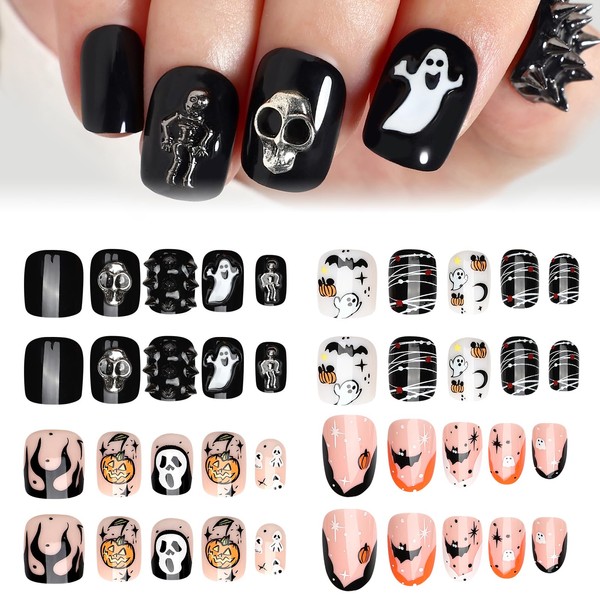 Artquee Halloween Press on Nails 4 Packs 96 Pcs Short