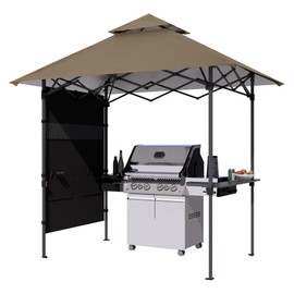 ABCCANOPY 8x5 Pop Up Grill Gazebo - Outdoor BBQ Canopy with Shelf & Sidewall, Portable Barbeque Shelter with 2 Magnetic LED Lights, Carry Bag for Patio Garden Events Picnic Grilling, Khaki