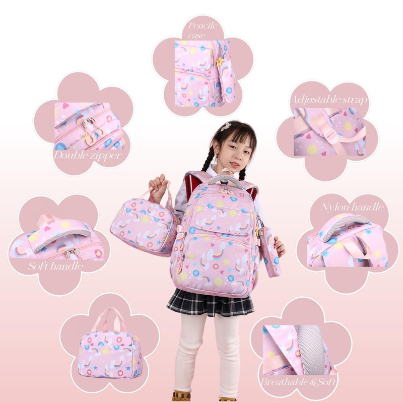 Mfikaryi Kids Backpacks for Girls Rainbow BookBag Set Teens School