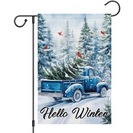 Heyfibro Hello Winter Garden Flag Retro Blue Truck Christmas Tree Garden Flags 12x18 Inch Double Sided Burlap Cardinal Yard Flags for Winter Christmas Seasonal Outside Outdoor Decoration (ONLY FLAG)