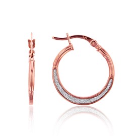 Sterling Silver Rose Gold Plated Glitter Hoop Earrings for Women | 1.5x20mm Round Hoop Earrings | Secure Snap Bar Closure | 14k Shiny Sparkle Pave Sand Classic Earrings