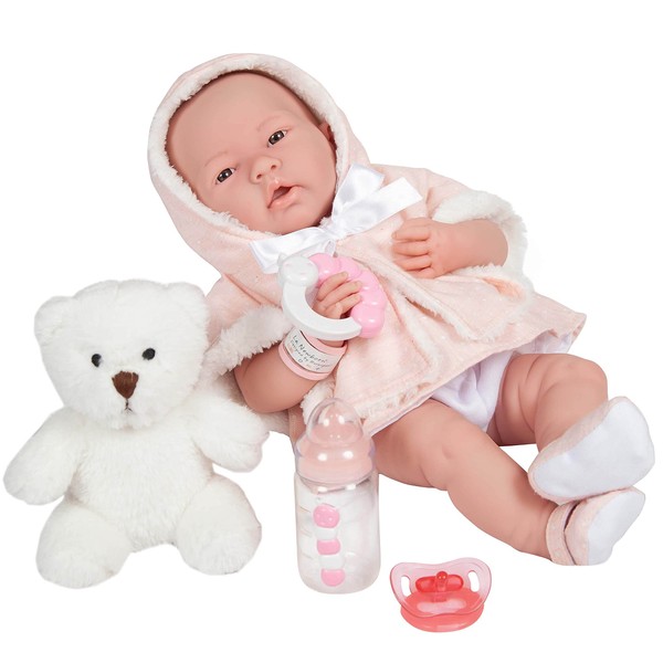 JC Toys All-Vinyl La Newborn Doll in Pink Coat and Outfit w/Animal Friend & Accessories. Real Girl!, White - Pink (18065)