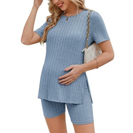 Ekouaer Women's Maternity 2 Piece Set Outfits Short Sleeve Shirts and Biker Shorts Ribbed Knit Pregnancy Pajamas Mama Clothes Blue M