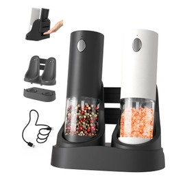 CIRCLE JOY Electric Salt and Pepper Grinder Set Automatic Salt and Pepper Grinder Set with Charging Base and White LED Light, Adjustable Coarseness, USB Rechargeable, Washable Container, White & Black