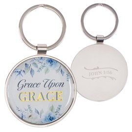Christian Art Gifts Inspirational Scripture Keychain in Tin for Women: Grace Upon Grace Inspirational Bible Verse Accessory for Keys, Keyrings, Backpacks, Blue