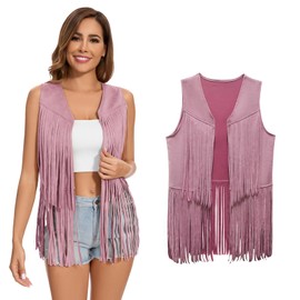 XonyiCos Women's Fringe Vest 70s 60s Hippie Vest Sleeveless Cowgirl Western Faux Suede Tassel Leather Jacket Carnival and Role Play Costumes (Pink Tassel Vest, M)