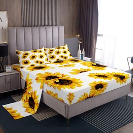 Sunflower Bed Sheets Set Queen Size 3D Floral Botanical Sheet Set Yellow Flowers Sheets Pastoral Sunflower Decor for Home Stylish Garden Theme Top Sheet + 1 Fitted Sheet + 2 Pillowcases, White