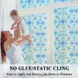 Window Privacy Film Blue Purple Floral Rainbow Glass Door Film No Glue Decals Tint with Iridescent Effect Anti UV Easy Removal for Home and Office,17.5 inches by 78.7 inches