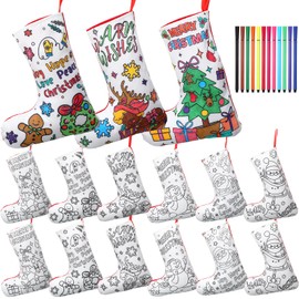 Liliful 12 Pack DIY Christmas Stocking Crafts Color Your Own Christmas Stockings with Washable Markers, 6 Design Santa Snowman Reindeer Christmas Decoration Holiday Crafts for Teens Adults Xmas Party