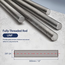 HiPicco 3/8"-24 Fully All Threaded Rod & Studs, 12" Length, 304 Stainless Steel Right Hand Fine Thread Screw for Furniture Anchor Bolts, Clamps, Hangers and U-Bolts