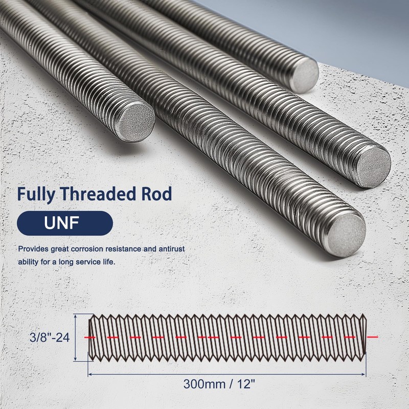HiPicco 3/8"-24 Fully All Threaded Rod & Studs, 12" Length,