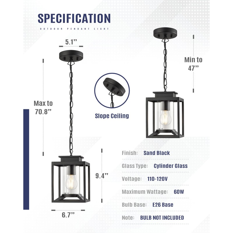 Osimir Outdoor Pendant Light for Porch, 1-Light Black Hanging Porch