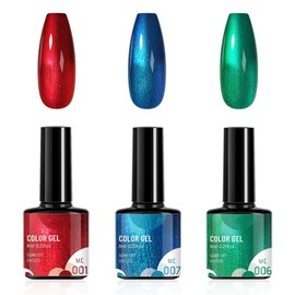 Gel Nail Polish Set, 3Color Metallic Nail Varnish Kit, Soak-Off UV/LED Salon Glossy Nail Art Polish, Red Blue Green Metallic Painted Gel Polish for DIY French Manicure At Home