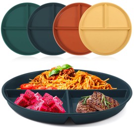4PCS Portion Control Plates,Control Divided Diet Plates Set, Unbreakable Picnic Plastic Plates 9'', Reusable Lightweight Deep Dishes Set for Adults Kids (Dark Green+dark Blue+orange+yellow, Divided)