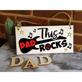 The Plum Penguin Handmade Wooden Hanging Wall Plaque This Dad Rocks Fun Guitar Music Novelty Sign Man Cave Office