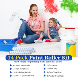 18 Inch Paint Roller Kit, 14 Pack Paint Roller Set with 2-4 Ft Extension Pole, Paint Tray Liners with Plastic Sheeting for Painting Walls Ceilings House Corner Stain