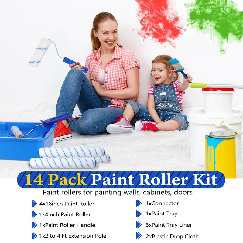18 Inch Paint Roller Kit, 14 Pack Paint Roller Set
