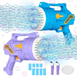 Winsenpro Bubble Gun,2-Pack 69 Holes Bubble Machine Gun with Light and 8 Bottles Bubbles Solution,Bubble Blower for Toddlers Summer Outdoor Toys Games Party Favors Gifts(Purple+Blue)