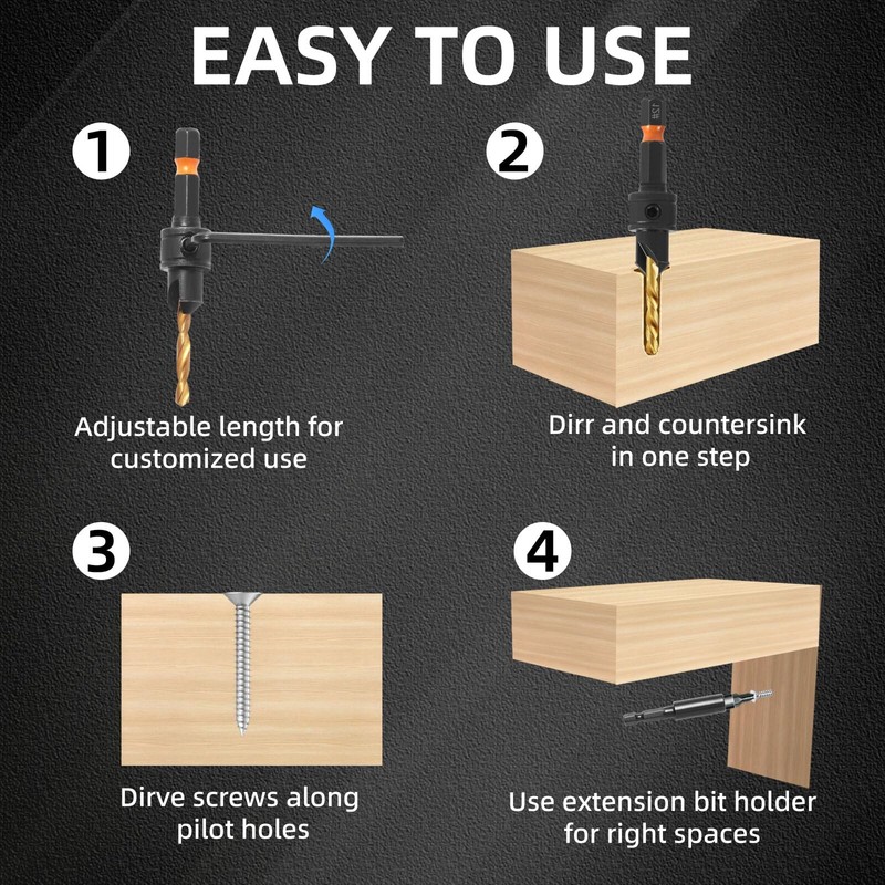YQANDL 12Pcs HSS Adjustable Countersunk Drill Bits for Woodworking