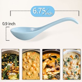 Wareland Soup Spoons, Blue Ceramic Spoons Set of 6, Chinese Soup Spoons, 6.75 inch Ramen Spoons, Pho Spoons for Cereal, Noodles, Stews, Wonton, Dumpling, Miso, Deep Oval Hook Design, Dishwasher Safe