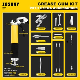 ZOSANY Grease Gun 8000 PSI, Heavy Duty Pistol Grip Grease Gun Kit with 14OZ Load Capacity, 18" Spring Flex Hose, 2 Standard Hose,Extension Rigid Pipe, Grease Injector, 1 Needle, Sharp Nozzle