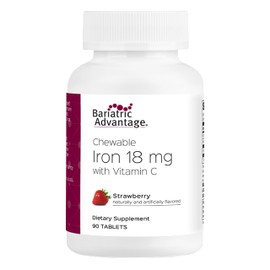 Bariatric Advantage Iron 18 mg with Vitamin C Chewable - Ferronyl Carbonyl Iron - Gentle on Stomach - Strawberry - 90 Count