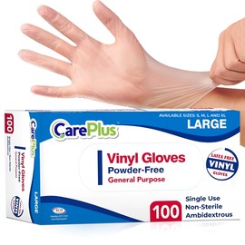 Care Plus Care Plus Disposable Vinyl Gloves Large Size | Heavy Duty | Non Sterile | Powder Free | Latex Free Rubber | 100 Count Box |food Safe
