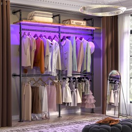 Aheaplus Industrial Pipe Clothing Rack, Reversible 79.7'' Clothes Rack for Hanging Clothes, Heavy Duty Garment Rack Closet Wardrobe Rack with LED Lights& Shelves, Walk-in Closet System, Rustic Brown