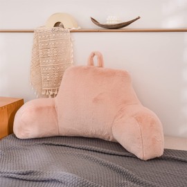 A Nice Night Faux Fur Soft Reading Pillow Bed Wedge Adult Backrest with Arms Back Support for Sitting Up in Bed/Couch for Bedrest,Pink,Large