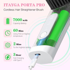 Cordless Hair Straightener Brush, iTayga Portable Hair Straightener Brush for Travel, 7000mAh USB Rechargeable Brush Straightener for Women, White