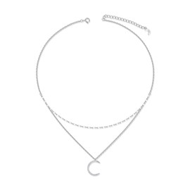 SILBERTALE 925 Sterling Silver Necklace with Moon Stars / Heart Pendant Multi Layering Chain Collar Jewellery for Women and Girls, Sterling Silver