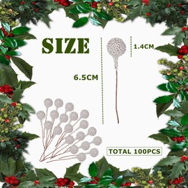 Mienocol 100pcs Christmas Artificial Frosted Fruit Berry,1.4cm Silver Artificial Berry Twig Stem Berry Fruits Picks Winter Berries Bunch for Christmas Wreath Making Xmas Tree Decorations Supplies
