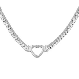 Kysin Chiys Flat Cuban Link Love Heart Chunky Chain Necklace Gold Stainless Steel Hollow Heart Charms Choker Clavicle Jewelry for Women Teen - Silver
