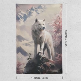 FeoYoed Tapestry Wall Hanging Aesthetic Decoration For Bedroom Living Room Wall Art Tapestries White Wolf Mountain Fog Cherry Blossoms 40"x60"