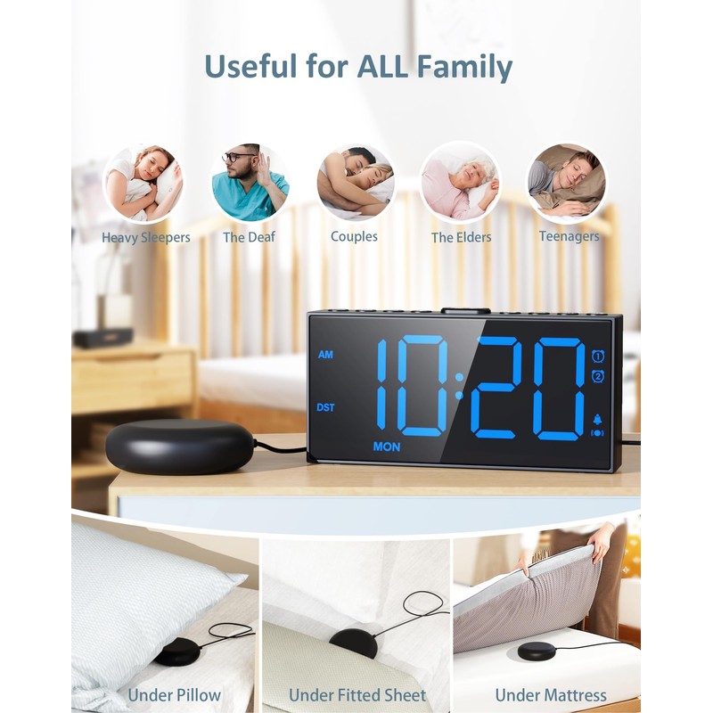 Upgraded Loud Alarm Clock with Bed Shaker for Heavy Sleepers,
