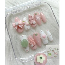 Cream Strawberry ❤︎₊ ⊹ Handmade Nail Tips - Almond / 크림 스트로베리 ❤︎₊ ⊹ 수제네일팁 - 아몬드