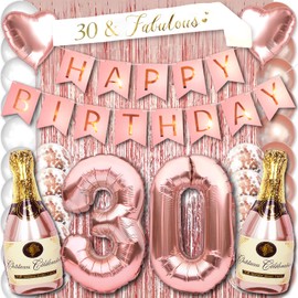 PartyForever 30th Birthday Decorations for Women Rose Gold Supplies Big Set Including Birthday Banner with 30 and Fabulous Bday Sash for Her Party Decor