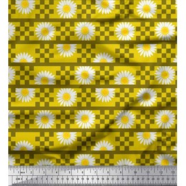 Soimoi Yellow Velvet Fabric Stripe,Square & Daisy Floral Printed Fabric 1 Yard 58 Inch Wide