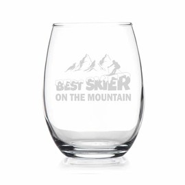 YmeerGifts Best Skier On The Mountain Stemless Wine Glass - Unique Skiing Themed Decor And Gifts For Mountain Lovers - Cute Funny Stemless Wine Glass - Etched Sayings, 15oz, Transparent