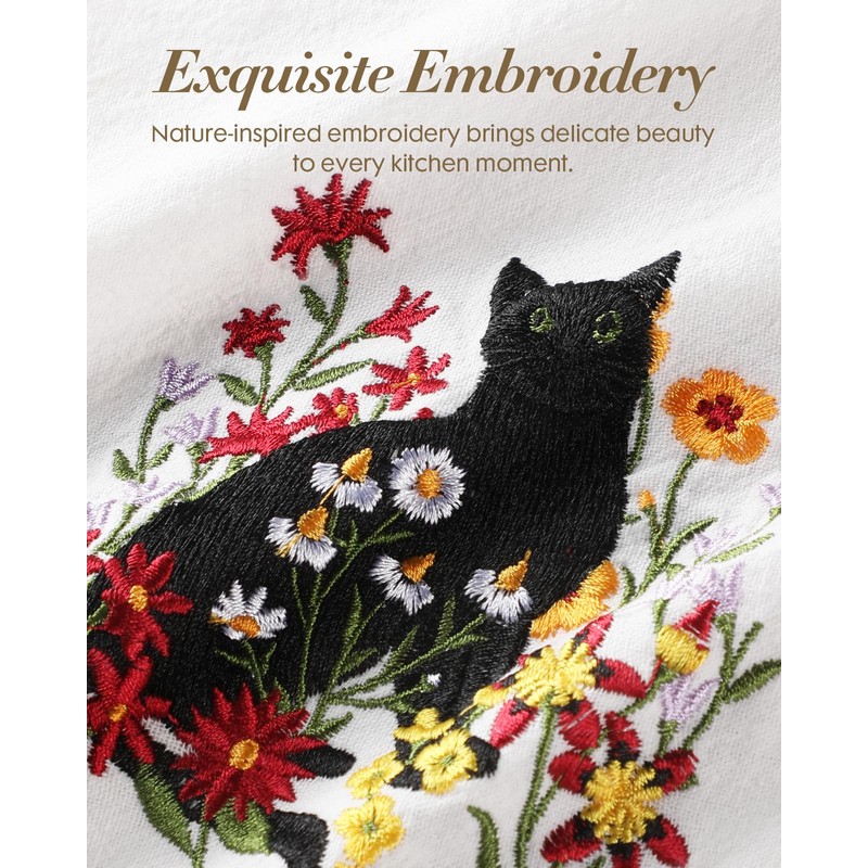 Miss Adola Embroidered Flour Sack Kitchen Towels, Black Cat