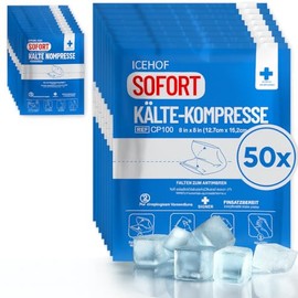 ICEHOF Cooling Pads for Bending, 50 x Instant Cold Compress, 15.3 x 12.7 cm, Disposable Cooling Pads, Cooling Compress for On the Go