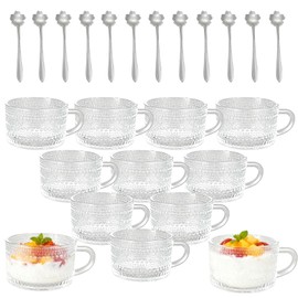 12 Pcs Vintage Coffee Mugs with Handle 14 oz Stackable Glass Water Cups Clear Embossed Tea Cups for Yogurt Dessert Cappuccino Latte