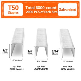 SITLDY Heavy Duty T50 Staples 6000-Count 3 Sizes Includes: 5/16", 3/8", 1/2", 2000 Per Sizes, Galvanized Assorted Size Project Pack (6000)