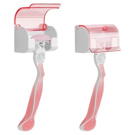 LUEXBOX 2 Pack Razor Holder with Cover for Shower Wall, Self Adhesive Razor Stand Shaver Organizer, Plastic Razor Hanger Hooks Compatible with Gillette Venus, Flamingo, BIC, Billie (Clear Pink)