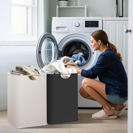 STORAGE MANIAC 2-Pack Large Laundry Hamper, 80L (21.1 Gal) Collapsible Laundry Basket with Bamboo Handles, Freestanding Waterproof Clothes Hamper for Bedroom, Dorm, Towels, Toys, Black+White