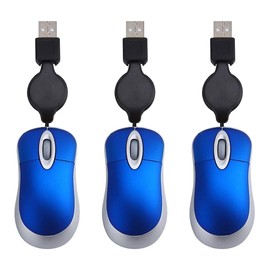 Veumoie 3-Pack Wired Optical Mouse, USB, Blue, Portable, Retractable Cord, 1600 DPI, 3 Buttons, Compatible with Laptop & PC